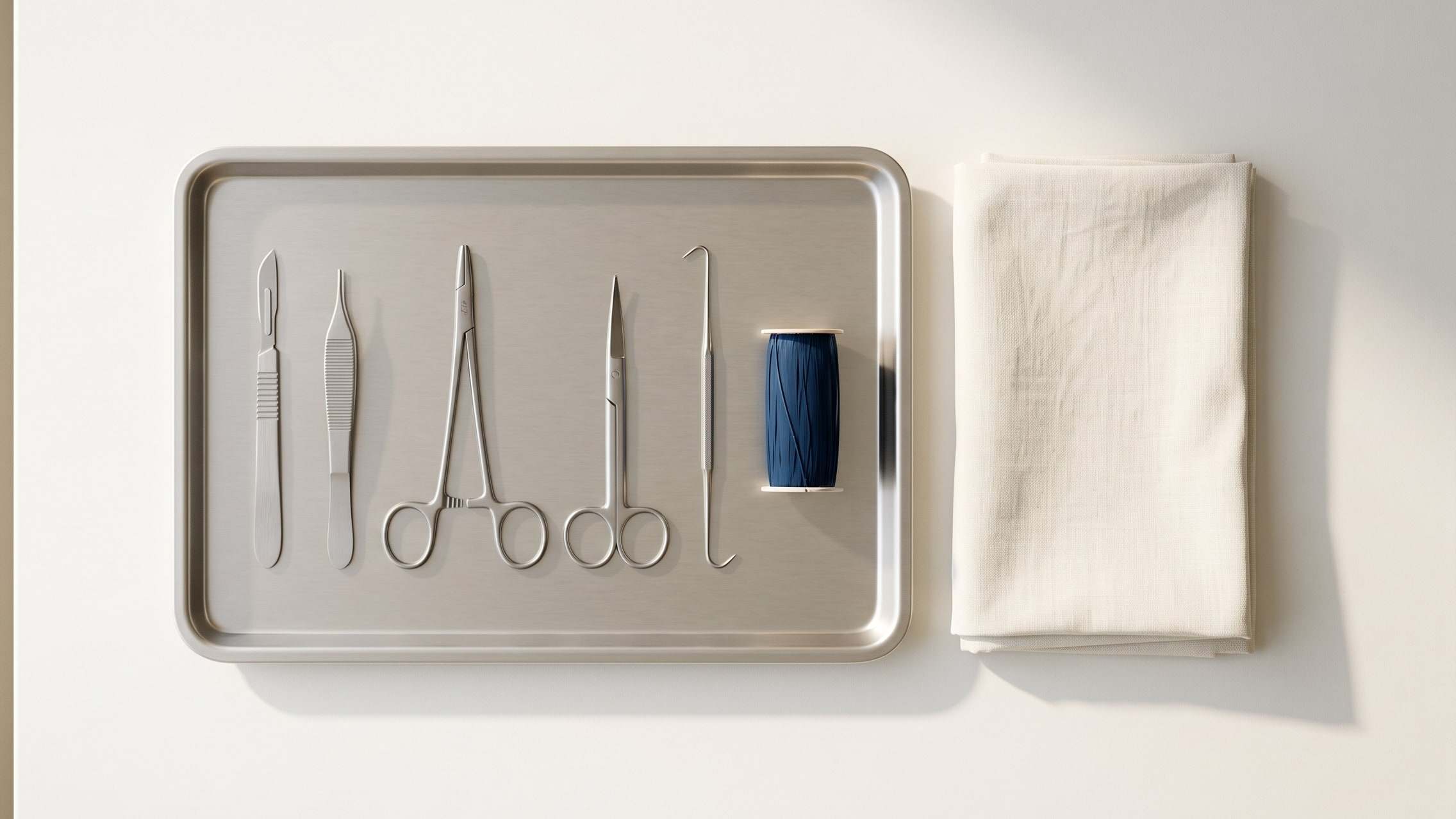 Surgical instruments laid out in exact order on a steel tray beside an ivory drape.