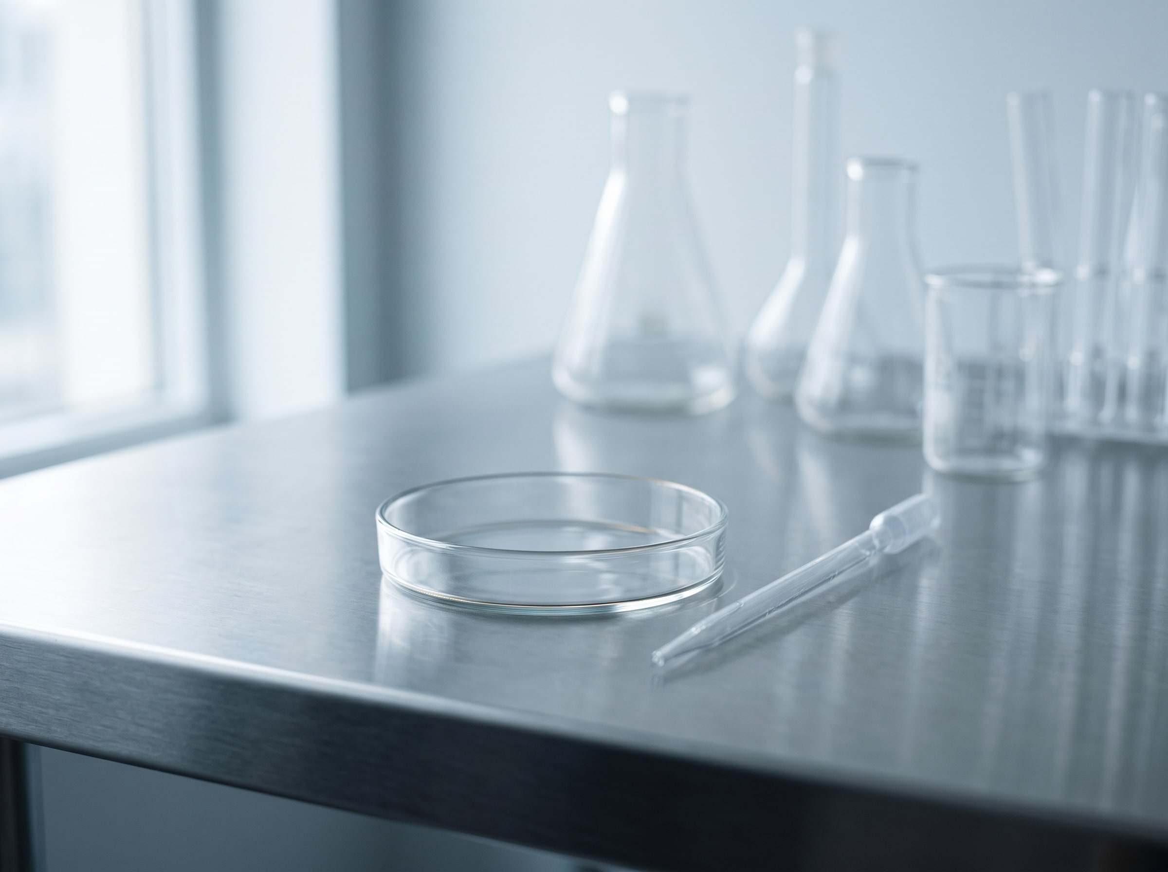 Laboratory glassware and a culture plate lit in cool blue light on a clean bench.